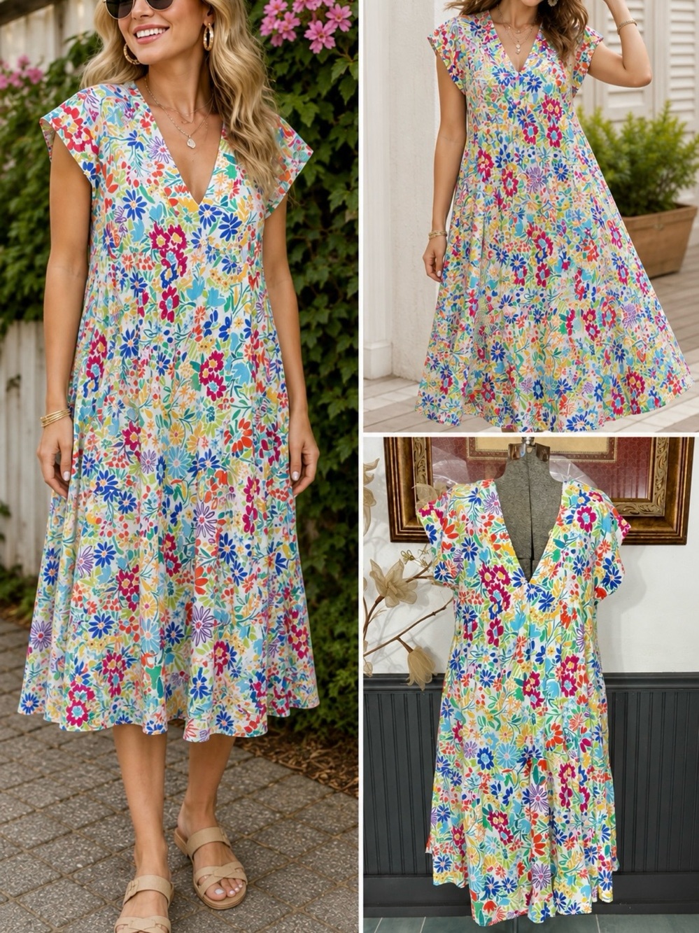 Uncle Frank Colorful Floral Tiered V-Neck Dress Size Large🧡🍄